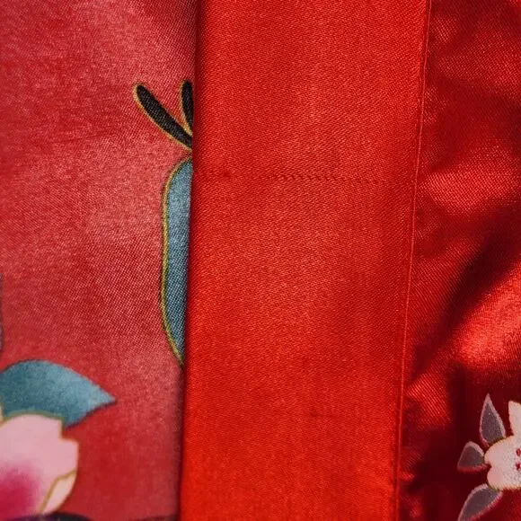 Red Satin Silk Floral Peacock Kimono Robe Wrap Short Sleeve S - Picture 6 of 9